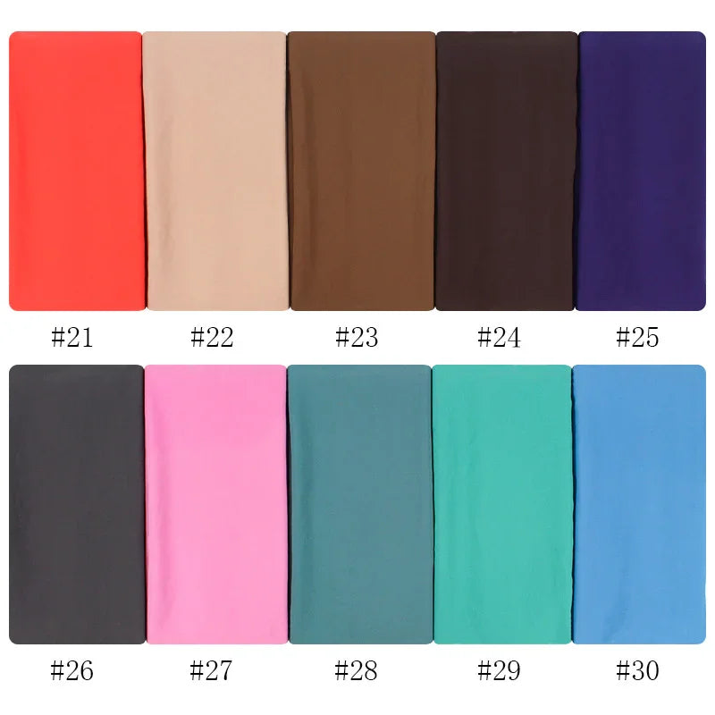Color swatches of smooth fabric in ten shades including red, beige, brown, purple, navy, gray, pink, teal, green, and blue
