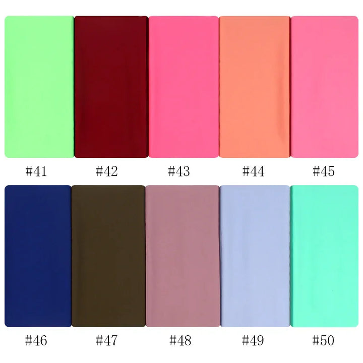 Set of ten vibrant fabric swatches in neon green, burgundy, pink, coral, navy, olive, mauve, lavender, and mint shades