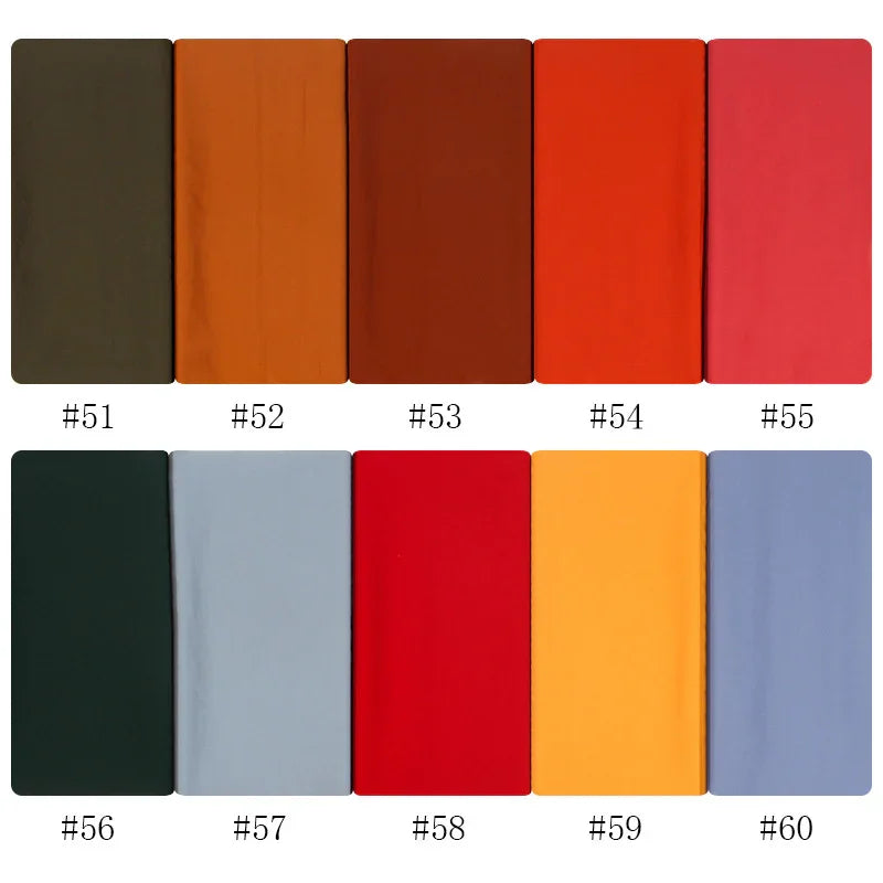 Fabric swatches in fall colors with codes #51 to #60 including olive, orange, red, and blue shades