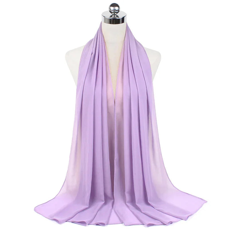 soft lavender chiffon scarf displayed on white mannequin against white background