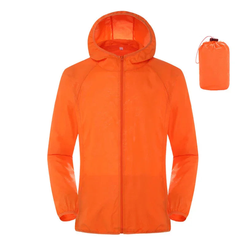 Lightweight orange hooded windbreaker jacket with matching compact storage pouch