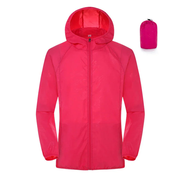 Bright pink lightweight hooded windbreaker jacket with matching compact pouch