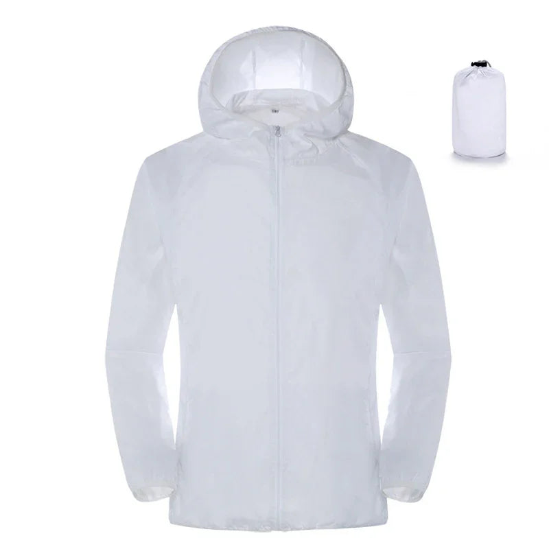 White lightweight hooded windbreaker jacket with matching compact storage pouch
