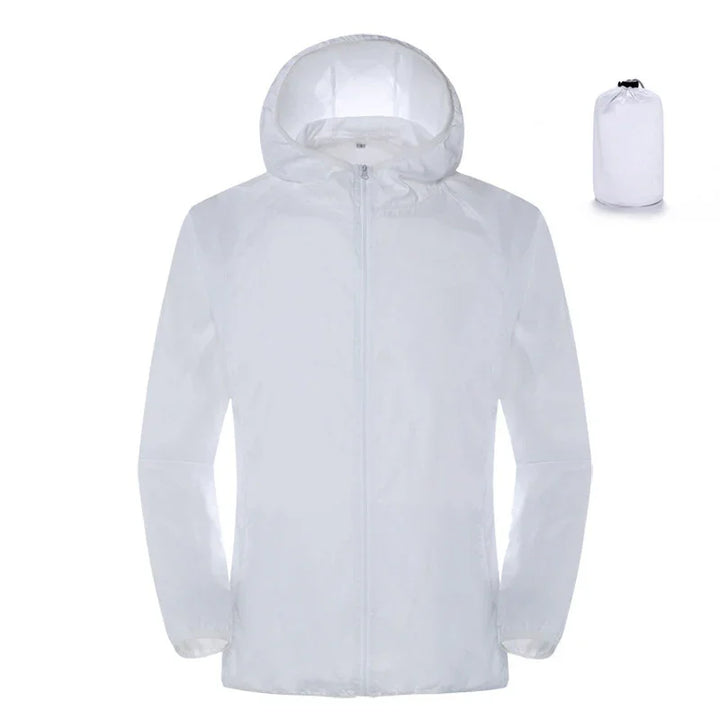 White lightweight hooded windbreaker jacket with matching compact storage pouch