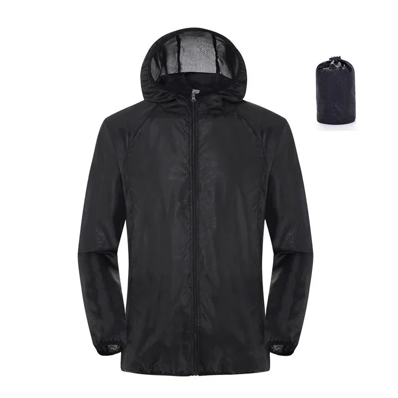 Lightweight black packable hooded rain jacket with zip closure and storage pouch