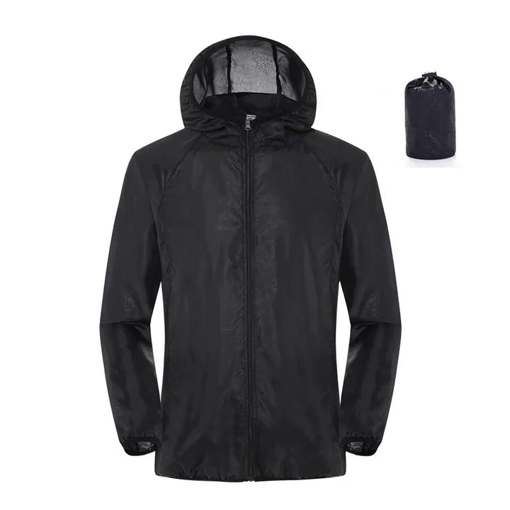 Lightweight black packable hooded rain jacket with zip closure and storage pouch
