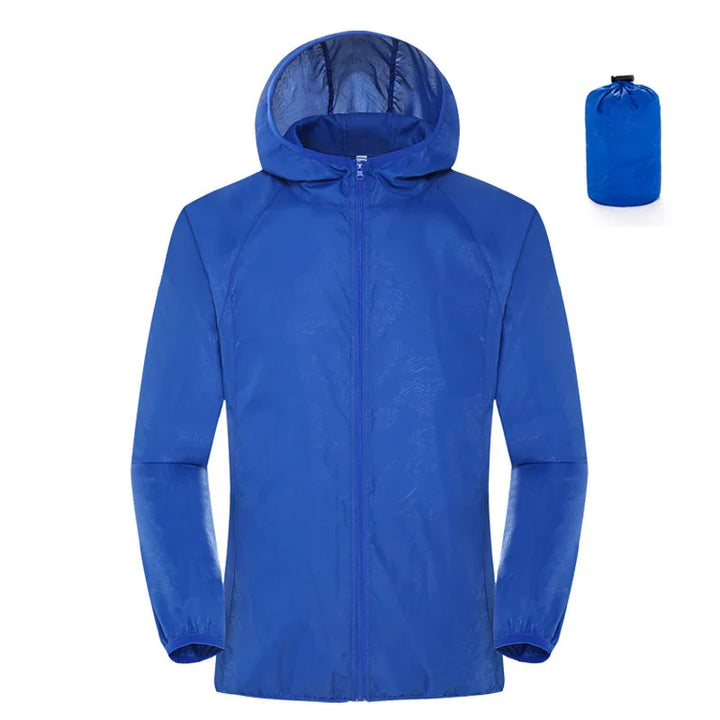 Lightweight blue hooded windbreaker jacket with matching packable pouch on white background