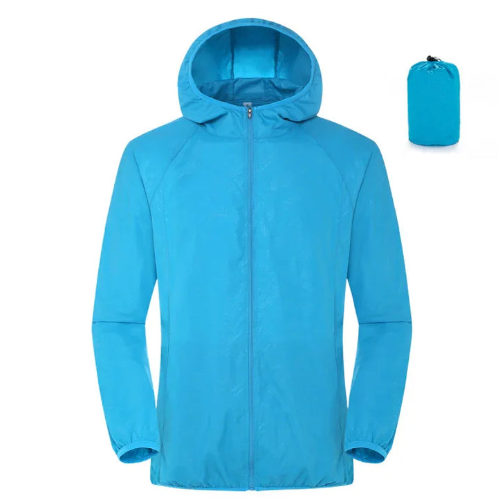 Lightweight blue hooded windbreaker jacket with matching compact storage pouch