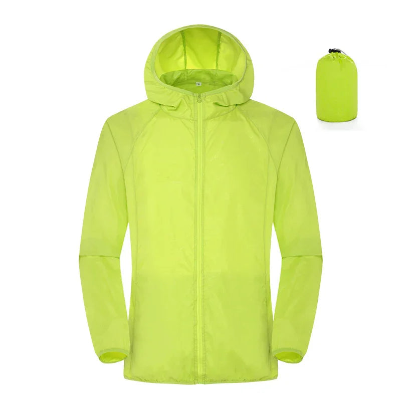 Neon yellow lightweight hooded windbreaker jacket with matching compact storage bag