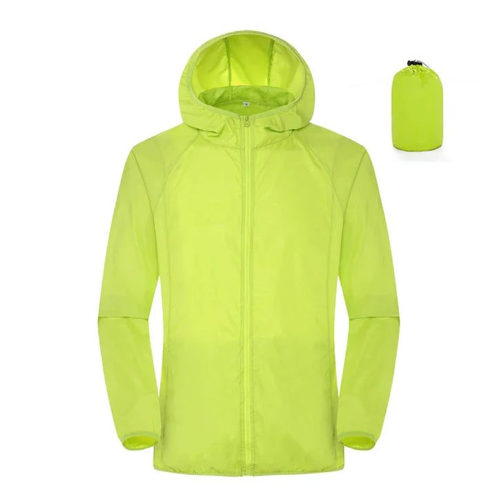 Neon yellow lightweight hooded windbreaker jacket with matching compact storage bag