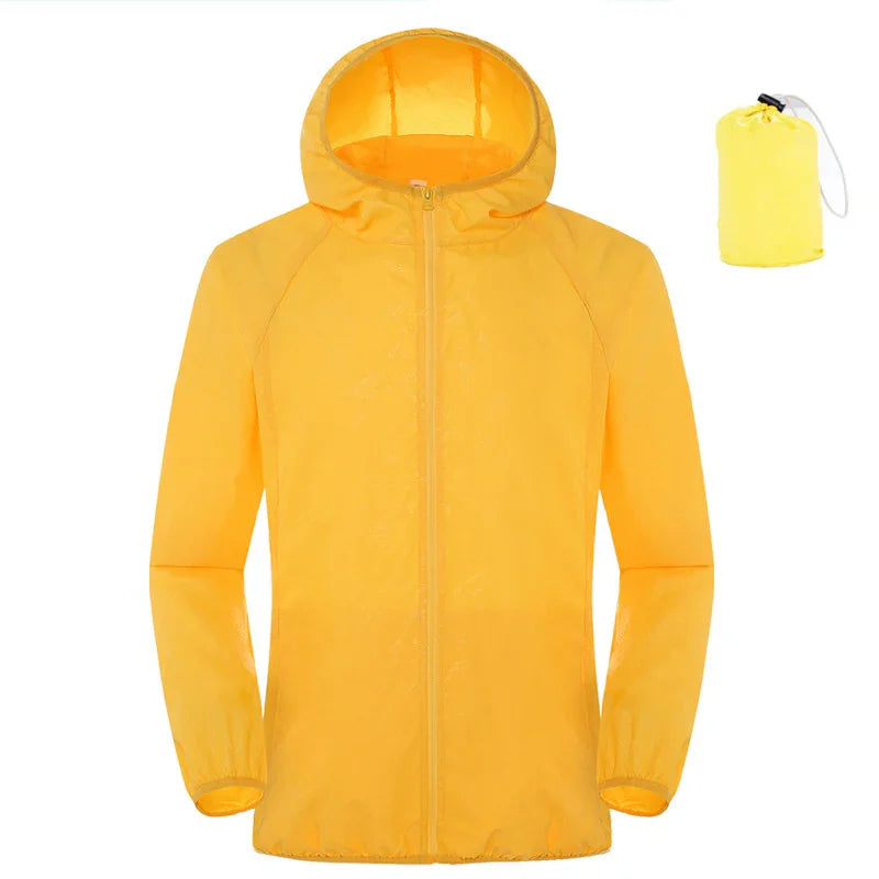 Yellow lightweight hooded rain jacket with matching packable carrying pouch on white background