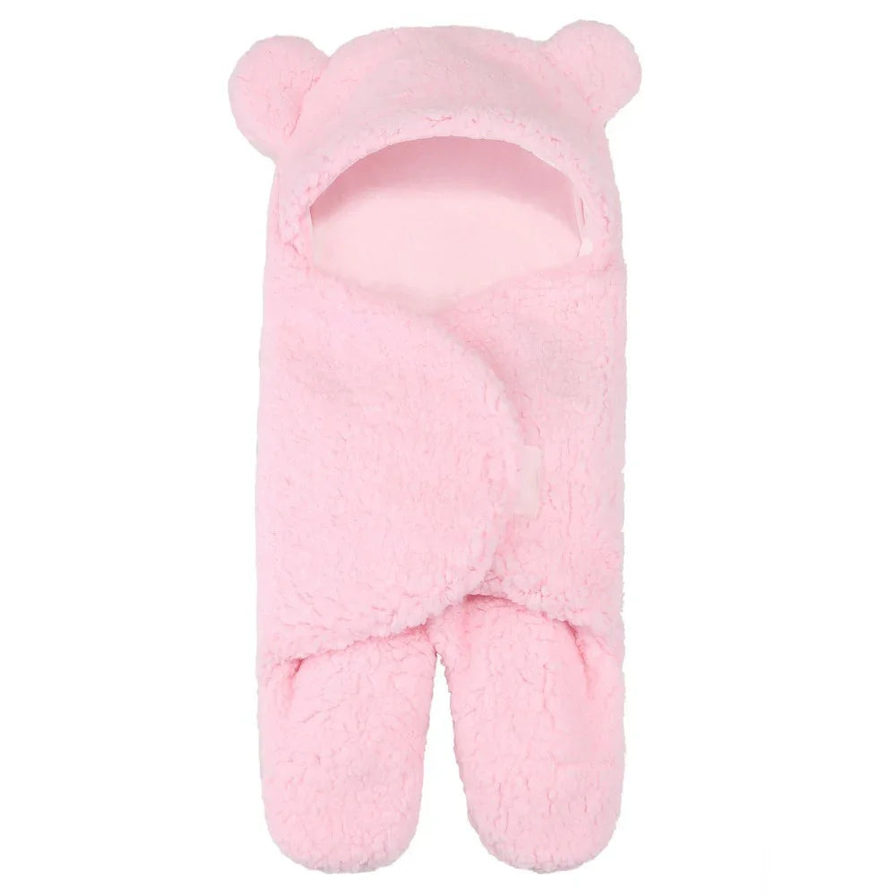 Soft pink baby swaddle blanket with hood and bear ears, cozy newborn wrap