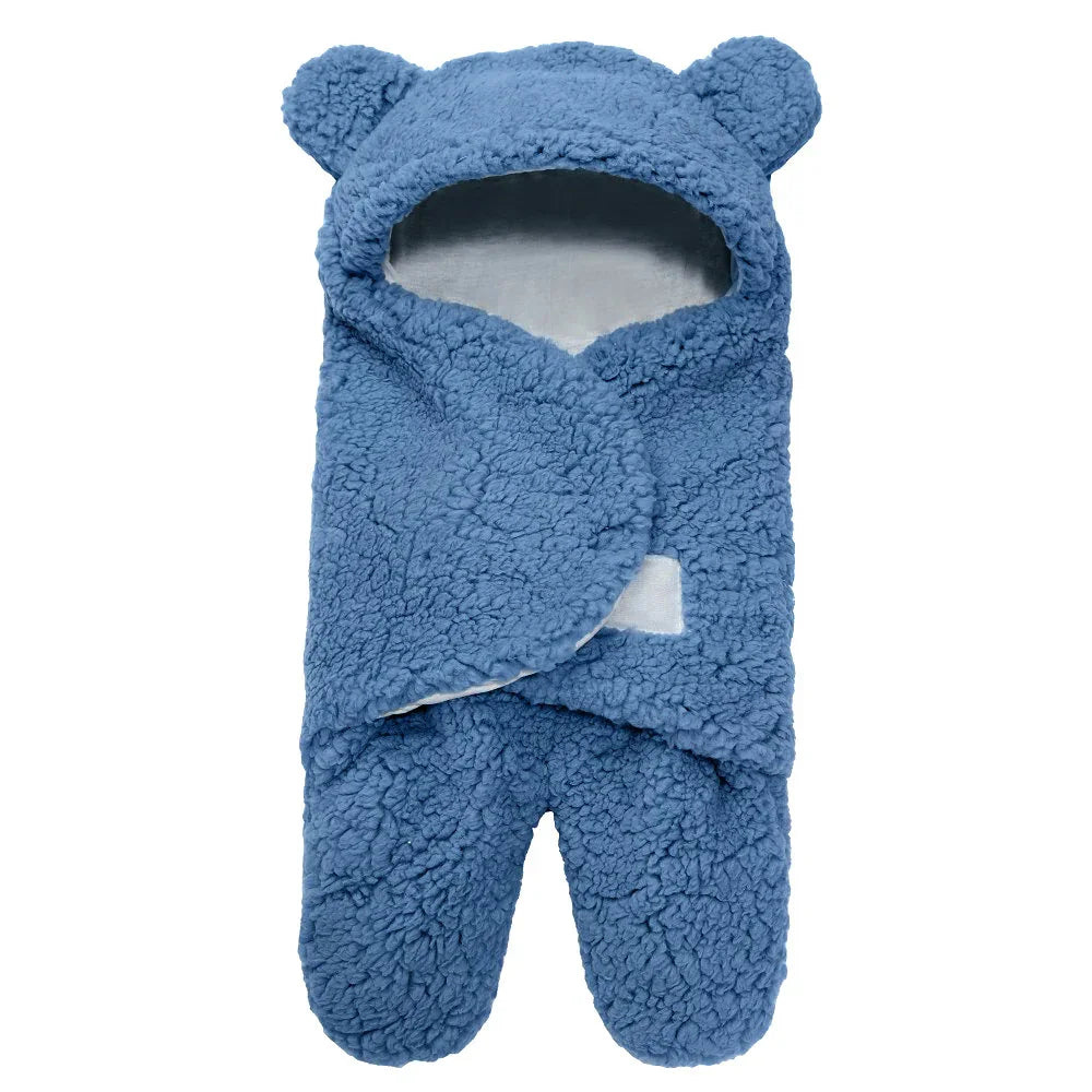 blue fleece baby bunting with hood and bear ears, soft warm infant sleep sack