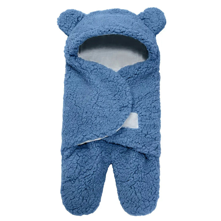 blue fleece baby bunting with hood and bear ears, soft warm infant sleep sack