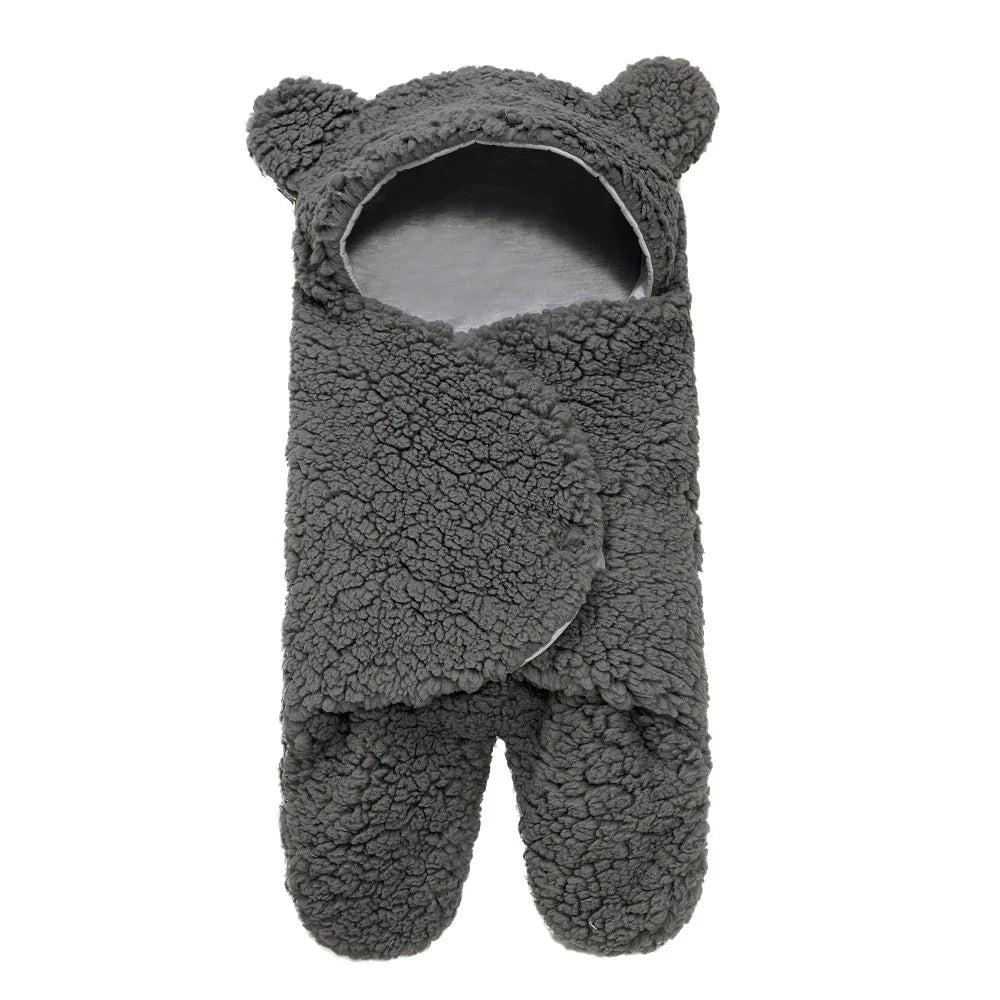 Gray fleece baby bunting with hood and bear ears for newborns