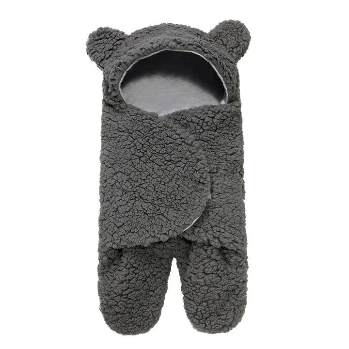 Gray fleece baby bunting with hood and bear ears for newborns
