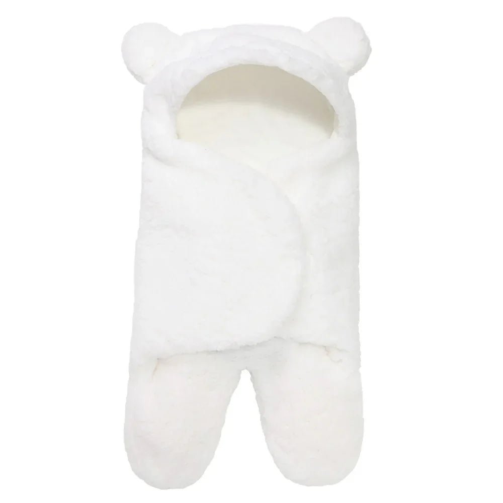 white fluffy baby swaddle wrap with hood and bear ears, soft cozy infant blanket