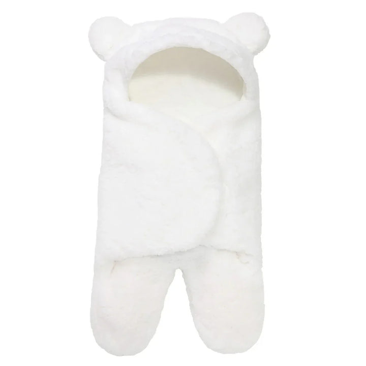 white fluffy baby swaddle wrap with hood and bear ears, soft cozy infant blanket