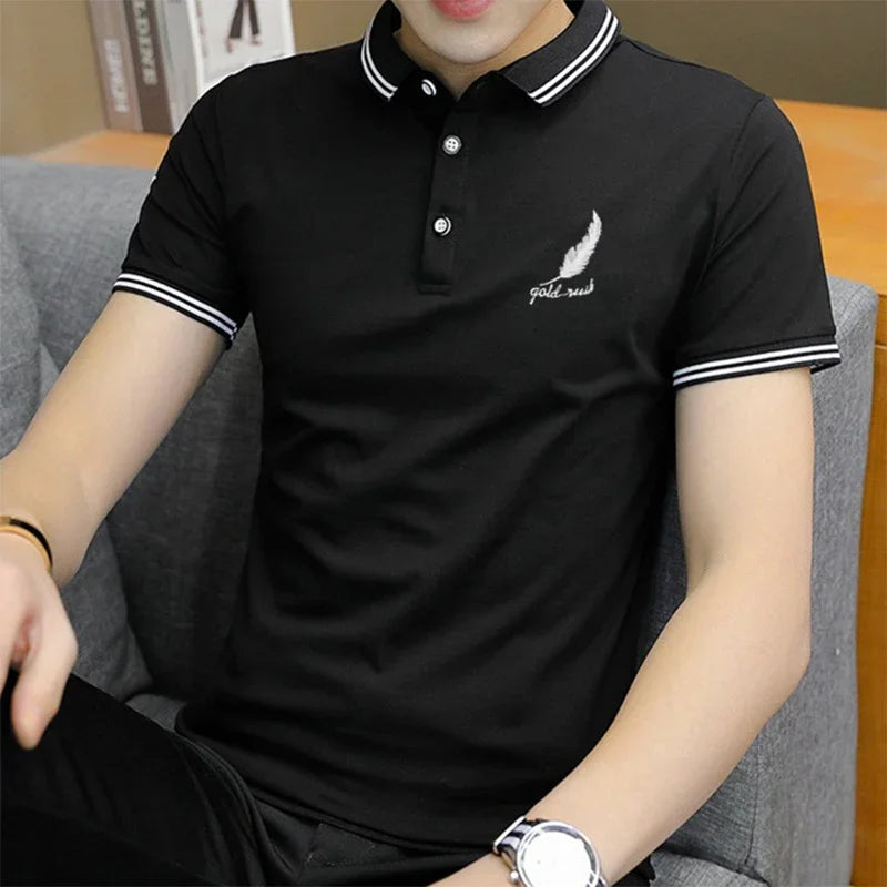 Black short-sleeve polo shirt with white striped collar and sleeve cuffs, feather logo on chest