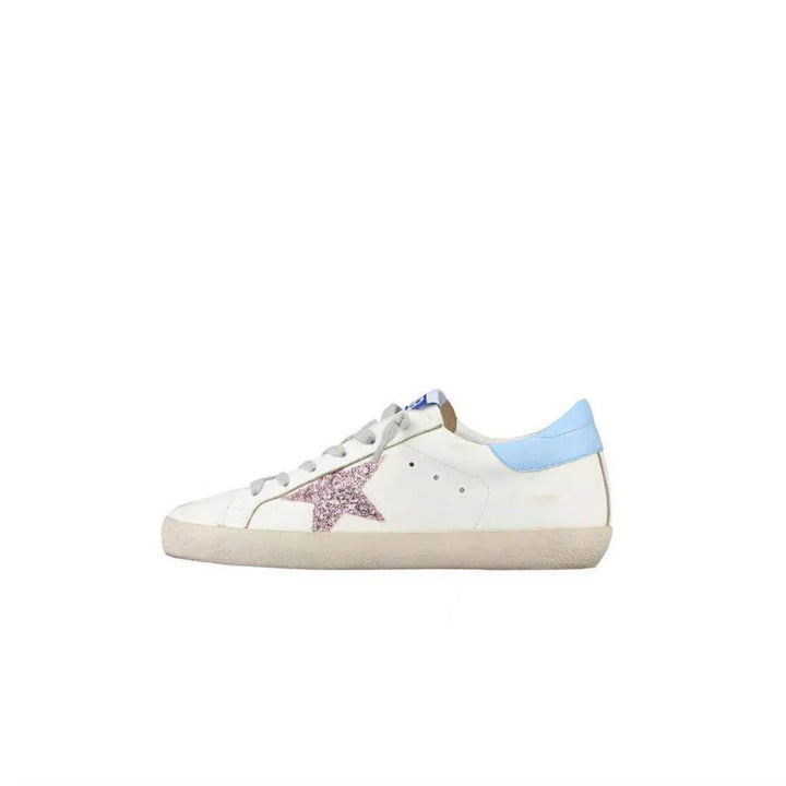 White low-top sneaker with light blue heel tab and pink glitter star detail