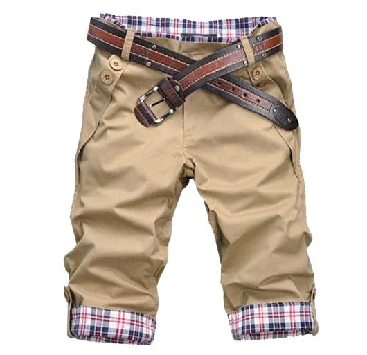 Men's beige casual cuffed shorts with plaid lining and striped brown leather belt