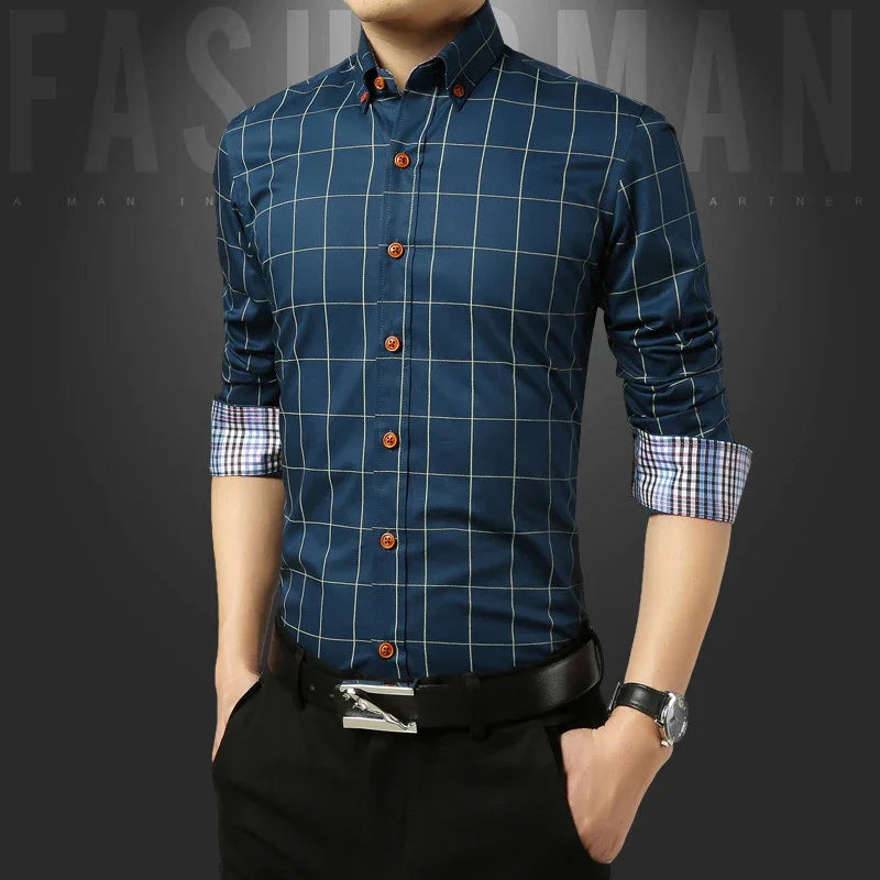 Man wearing navy blue checkered slim fit shirt with brown buttons and rolled sleeves
