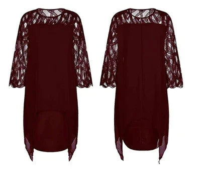Elegant burgundy lace dress with three-quarter sleeves and asymmetrical hem, front and back views