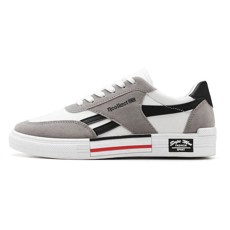 Gray and white Rcollect men's casual sneakers with black stripe and red sole detail on white background