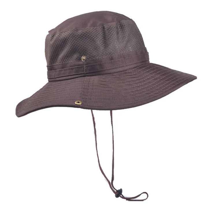 Brown wide-brim sun hat with mesh ventilation and adjustable chin strap