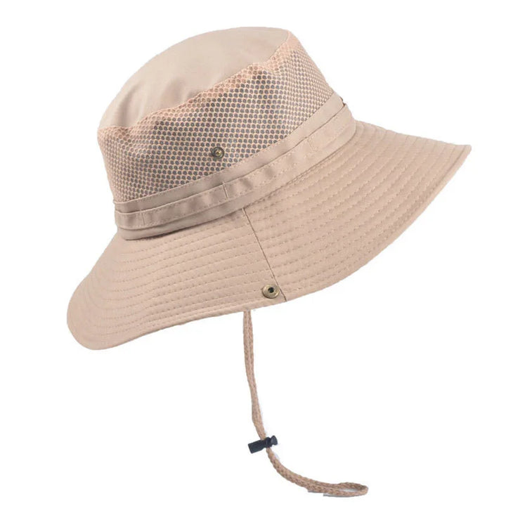 Beige wide-brim boonie hat with mesh ventilation and adjustable chin strap for sun protection