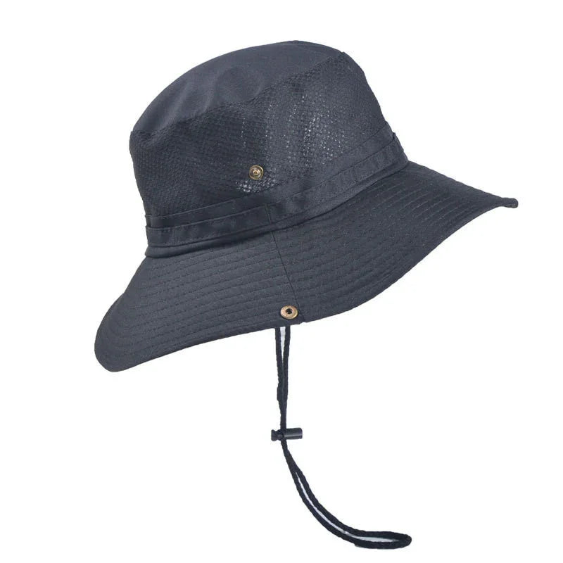 Black wide-brimmed bucket hat with ventilation holes and adjustable chin strap