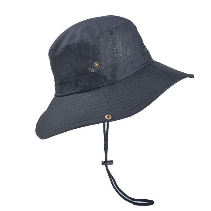 Black wide-brimmed bucket hat with ventilation holes and adjustable chin strap