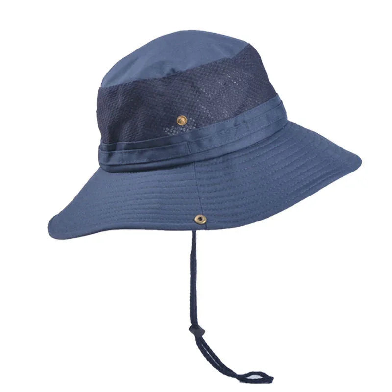 Navy blue wide-brim sun hat with mesh ventilation and adjustable chin strap