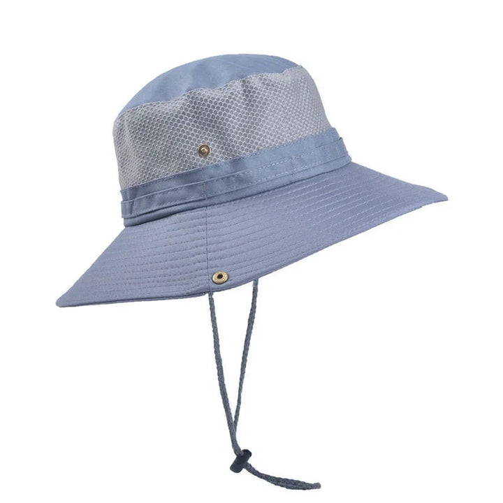 Light blue wide-brim sun hat with mesh ventilation and adjustable chin strap for outdoor use