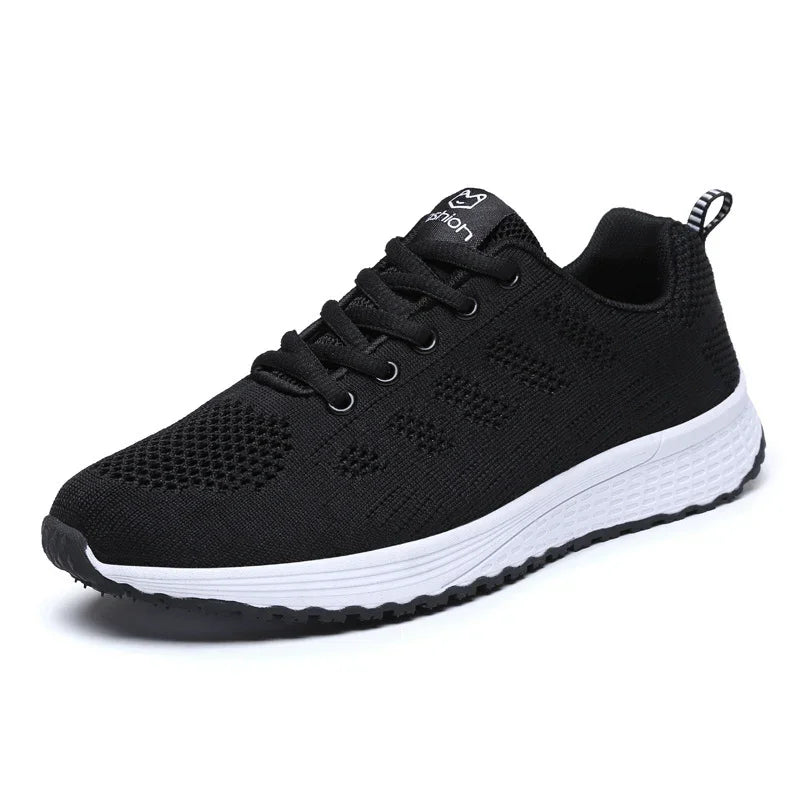 Black breathable knit running shoe with white sole and black laces, featuring padded collar and pull tab