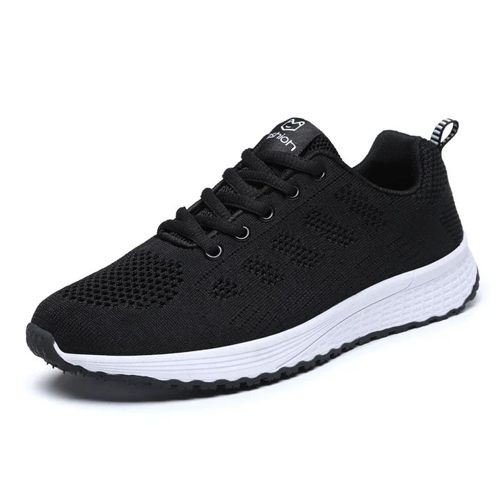 Black breathable knit running shoe with white sole and black laces, featuring padded collar and pull tab