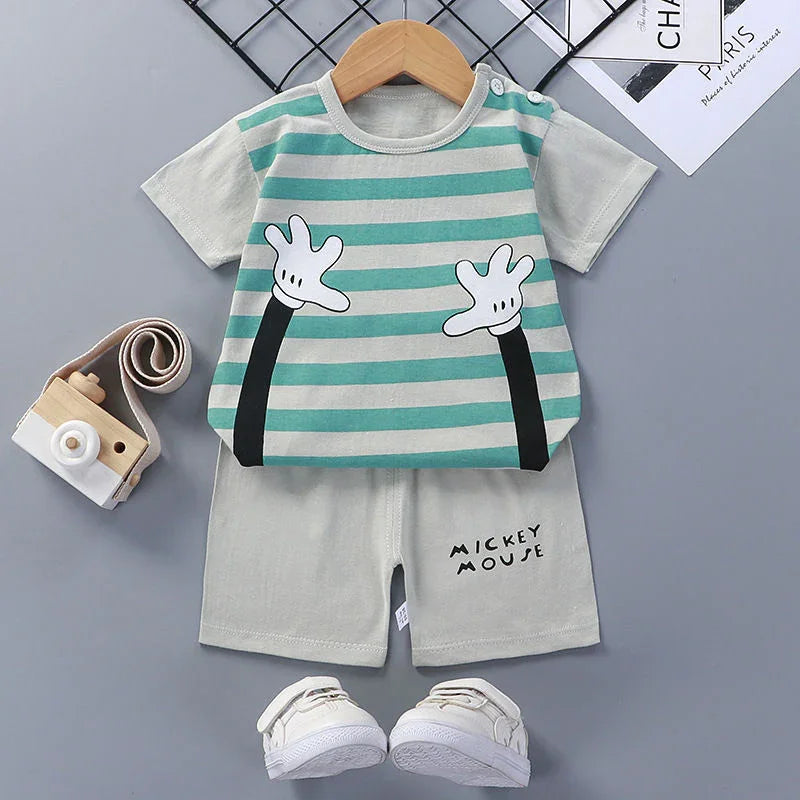 Toddler striped green and gray Mickey Mouse short sleeve outfit with shorts and white shoes