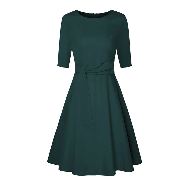 Dark green knee-length dress with half sleeves and a waist tie detail