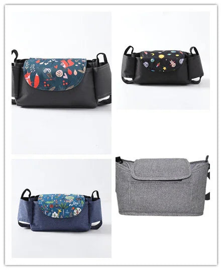 Four multi-colored stroller organizer bags with floral, space, and solid gray patterns on white background