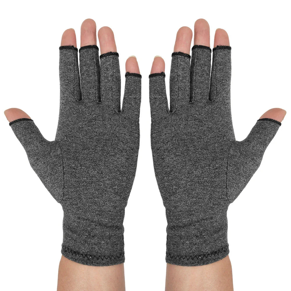 Pair of gray fingerless compression gloves worn on hands against white background