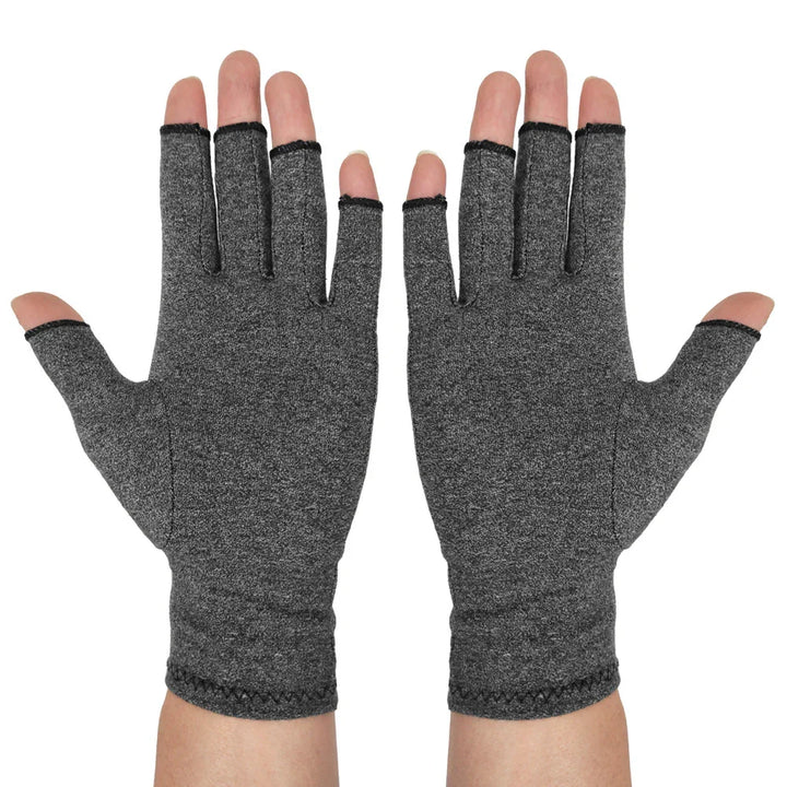 Pair of gray fingerless compression gloves worn on hands against white background