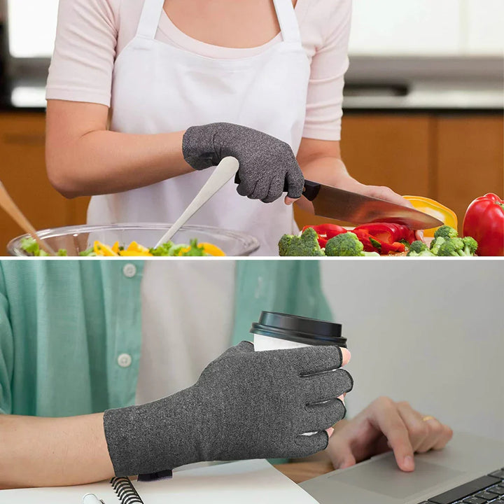 Dark gray fingerless gloves protecting hands while chopping vegetables and holding coffee cup indoors