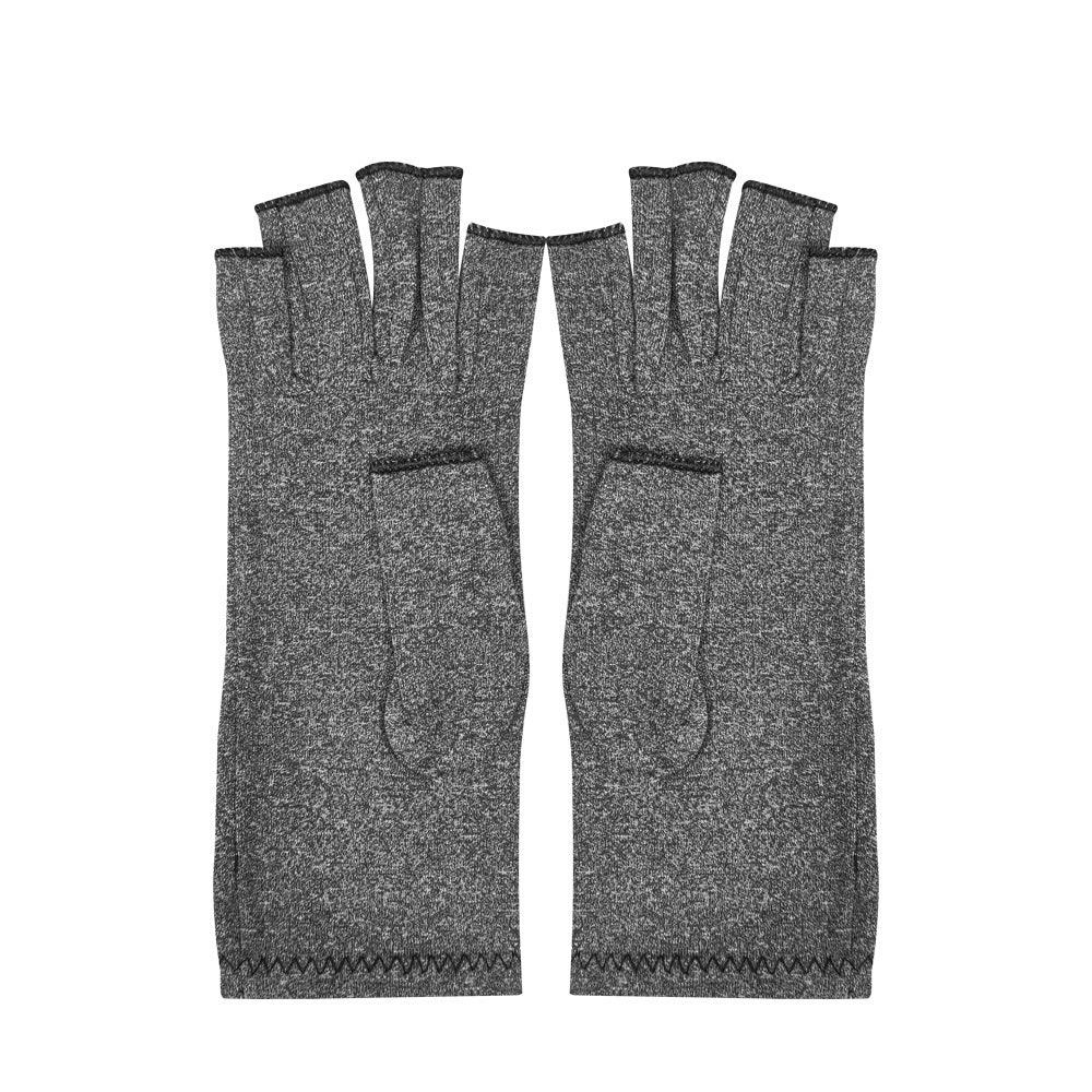 pair of gray fingerless gloves with exposed fingertips isolated on white background