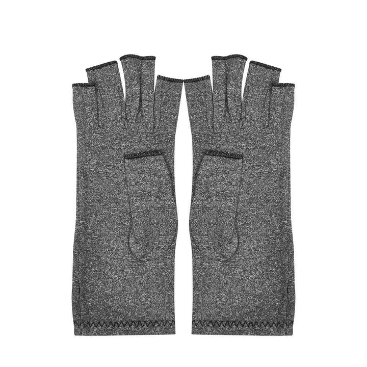 pair of gray fingerless gloves with exposed fingertips isolated on white background