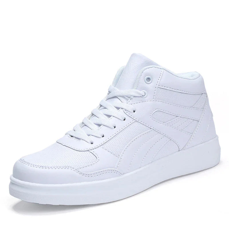 white high-top sneaker with lace-up design and padded collar on white background