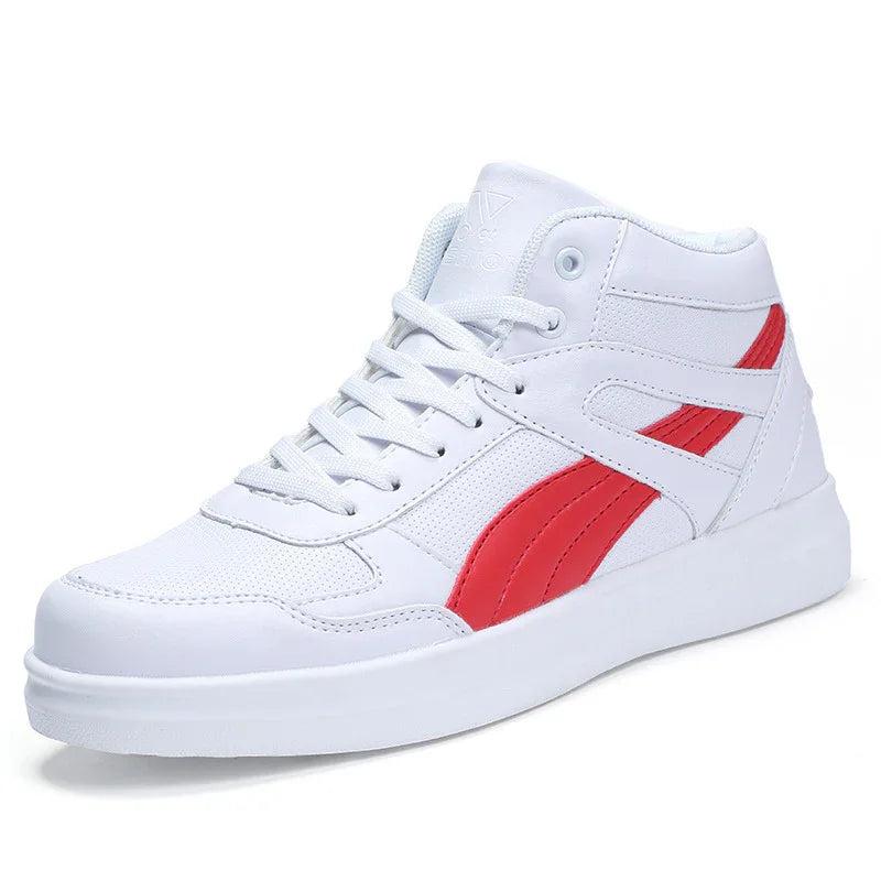 White high-top sneaker with red stripe detail and white laces on white background