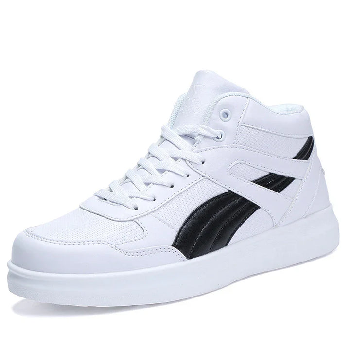White high-top sneaker with black side stripes and perforated detailing