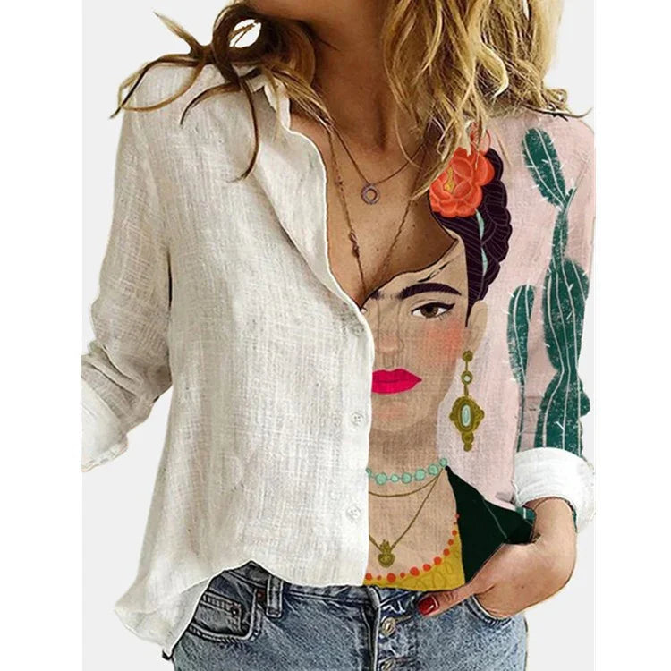 Woman wearing white button-up shirt with colorful Frida Kahlo face and cactus print on one side