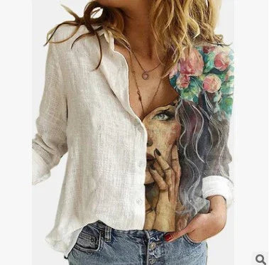 Woman wearing a unique button-up shirt with artistic portrait and floral design on one side, paired with jeans