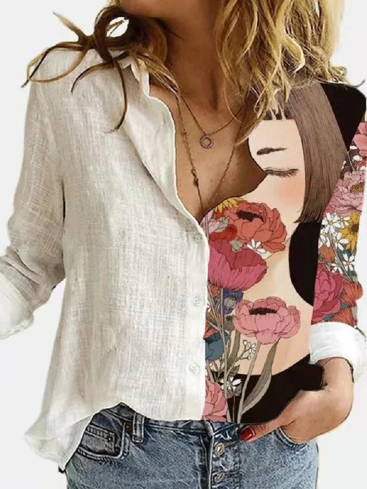 Woman wearing white button-up shirt with artistic floral and female face print, paired with blue jeans